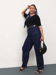 Women Navy Blue Denim Hem Pocket Tapered Fit Jeans