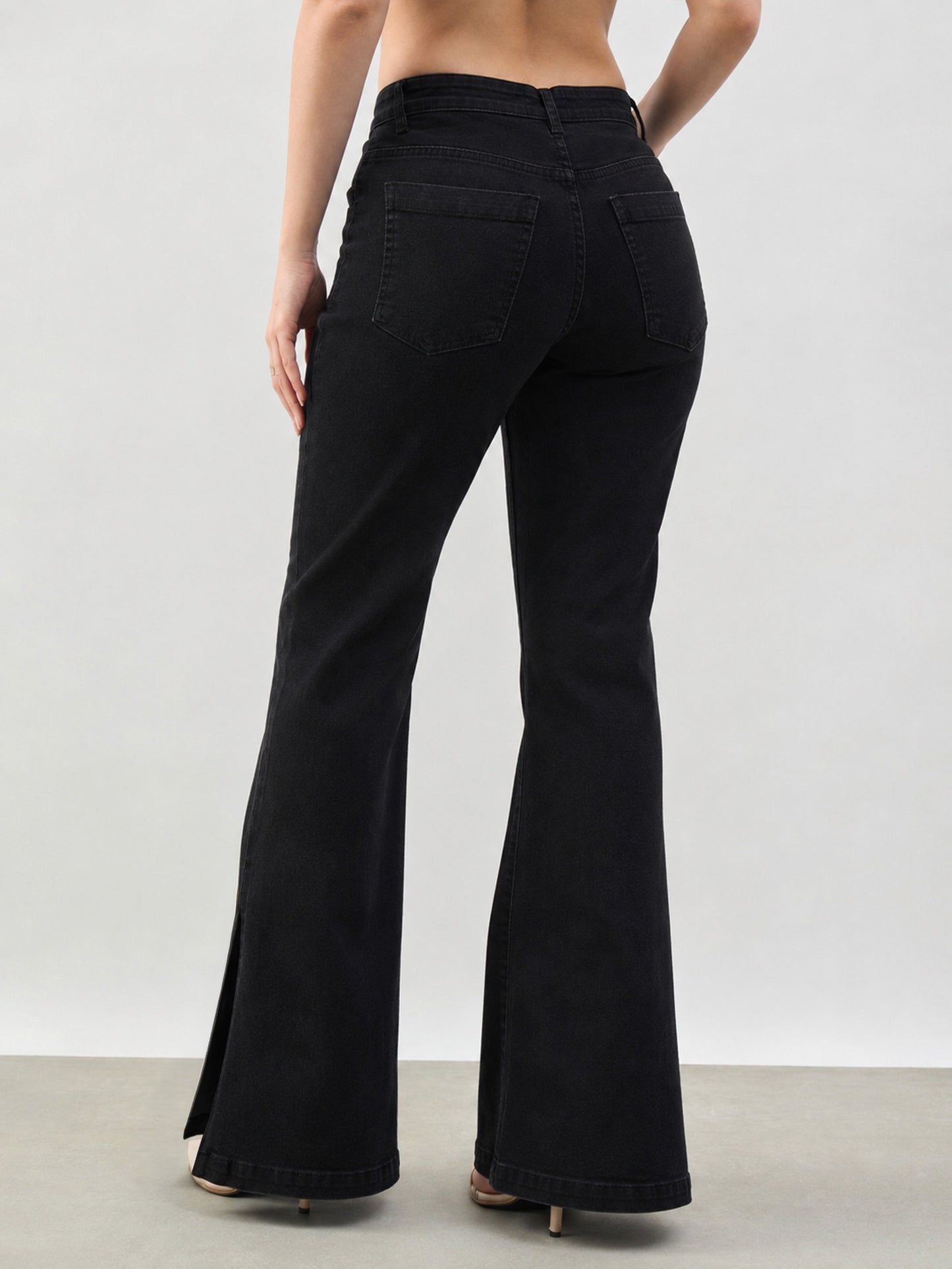 Jet Black Button-at-Hem Boot Cut Jeans-SASSAFRAS BASICS