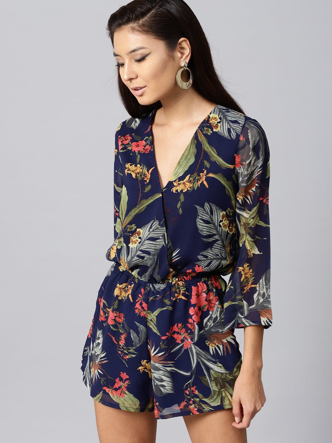 navy tropical wrap romper sfjmps8026