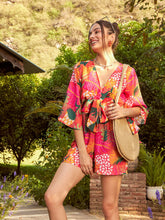 women orange floral front tie knot playsuit sfjmps8268