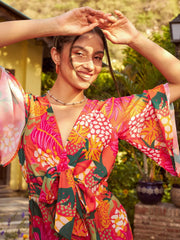 ساسافراس - بدلة لعب نسائية باللون البرتقالي مع عقدة أمامية مزينة بالزهور