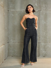Black Denim Wash Off Shoulder Jumpsuit SASSAFRAS