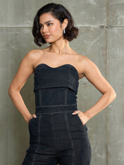 Black Denim Wash Off Shoulder Jumpsuit SASSAFRAS