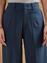 Sasafaras - Women Airforce Blue Front Darted Strechable Pants