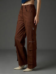 Brown Twill Zipper Pocket Cargo Straight Pants SASSAFRAS