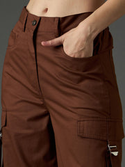 Brown Twill Zipper Pocket Cargo Straight Pants SASSAFRAS