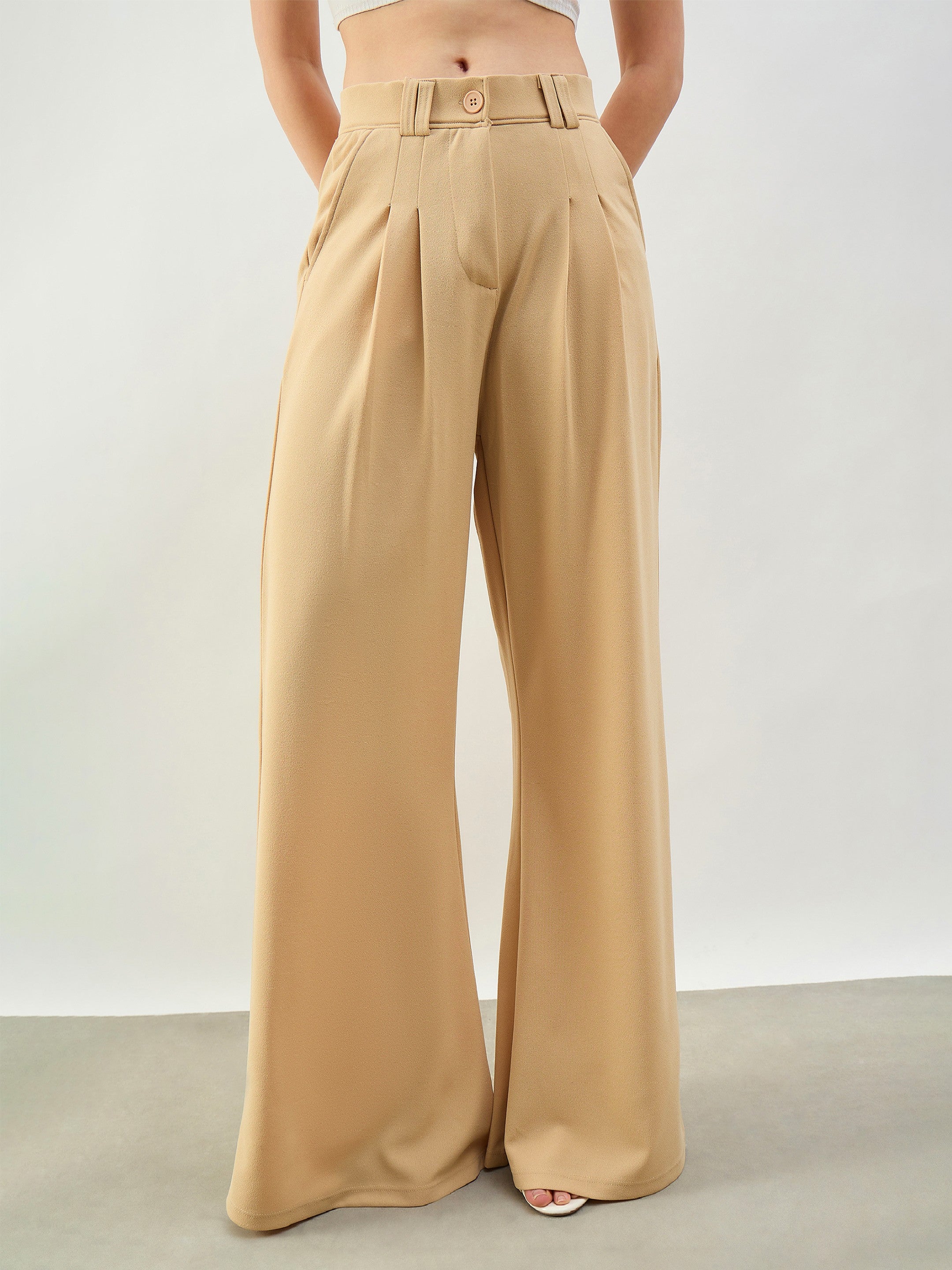 Beige Pleated Double Loop Korean Pants SASSAFRAS BASICS
