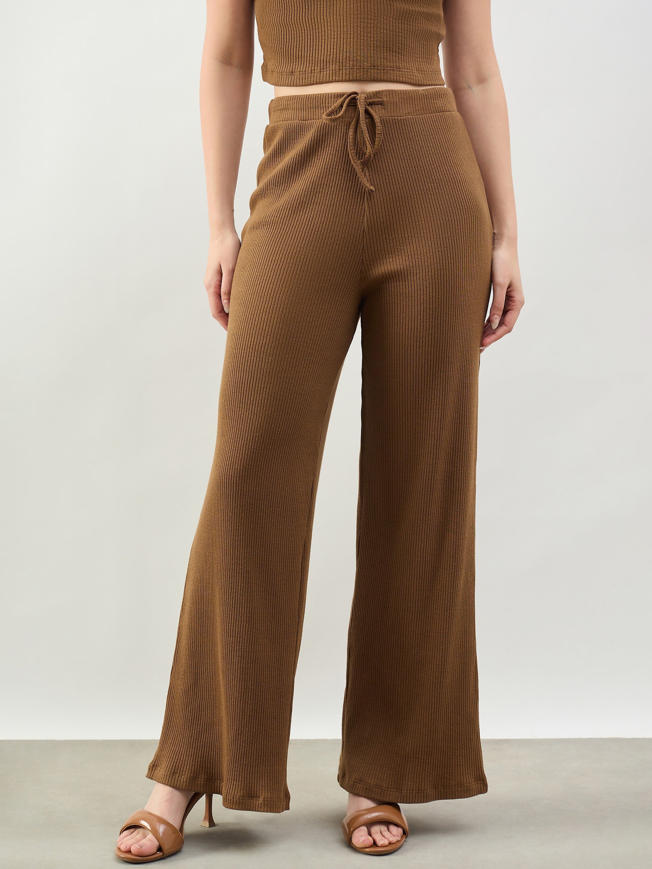 Women Tan Rib Drawstring Pants