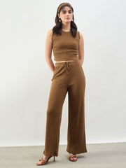 Women Tan Rib Drawstring Pants