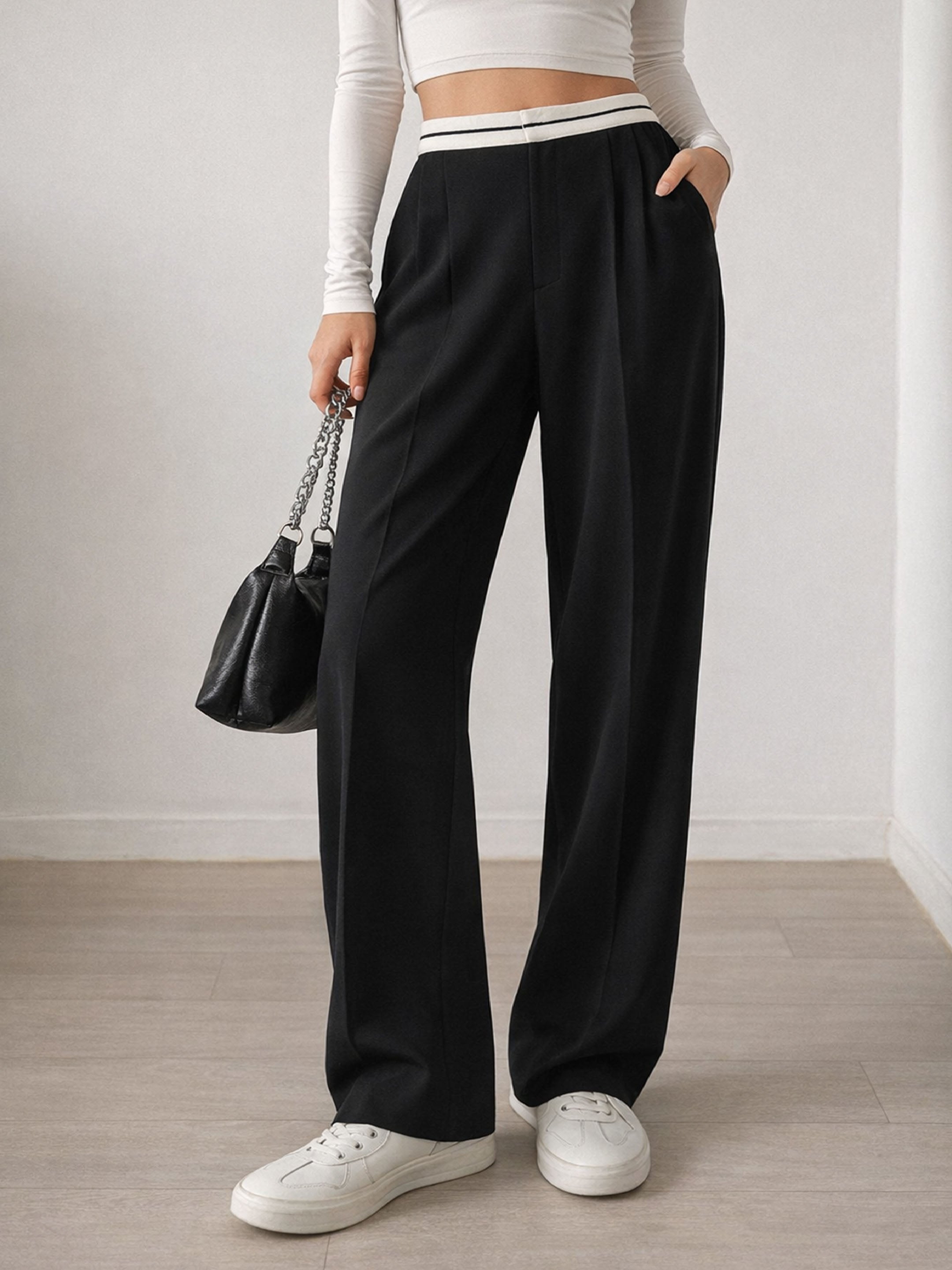 Black Front Pleated Wide Leg Korean Pants SASSAFRAS