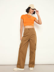 Women Brown Pocket Loop Detail Cargo Pants