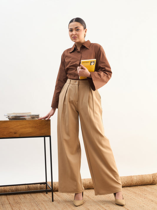 Beige High-Rise Inverted Box Pleat Pants-SASSAFRAS worklyf