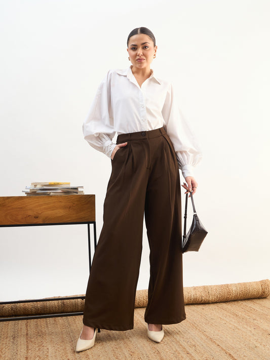 Coffee Brown High-Rise Inverted Box Pleat Pants-SASSAFRAS worklyf