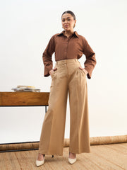 Women Beige Dual Dart Wide Leg Pants