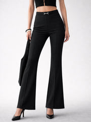Women Black Front Metal Trim Bell Bottom Pants