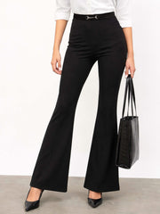 Women Black Front Metal Trim Bell Bottom Pants