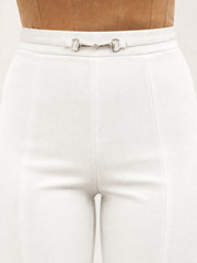 Women White Front Metal Trim Bell Bottom Pants