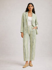Women Green Linen Striped Darted Slouchy Pants