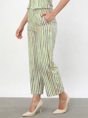 Women Green Linen Striped Darted Slouchy Pants