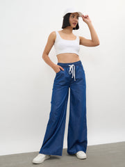 Women Navy Elasticated Tencel Straight Pants