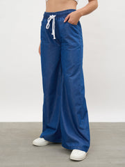 Women Navy Elasticated Tencel Straight Pants