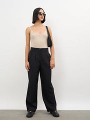 Women Black Dual-Dart No-waistband Mid Rise Korean Pants