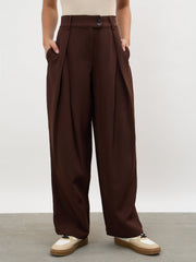 Women Dark Brown Overlapping Pleats Korean Pants