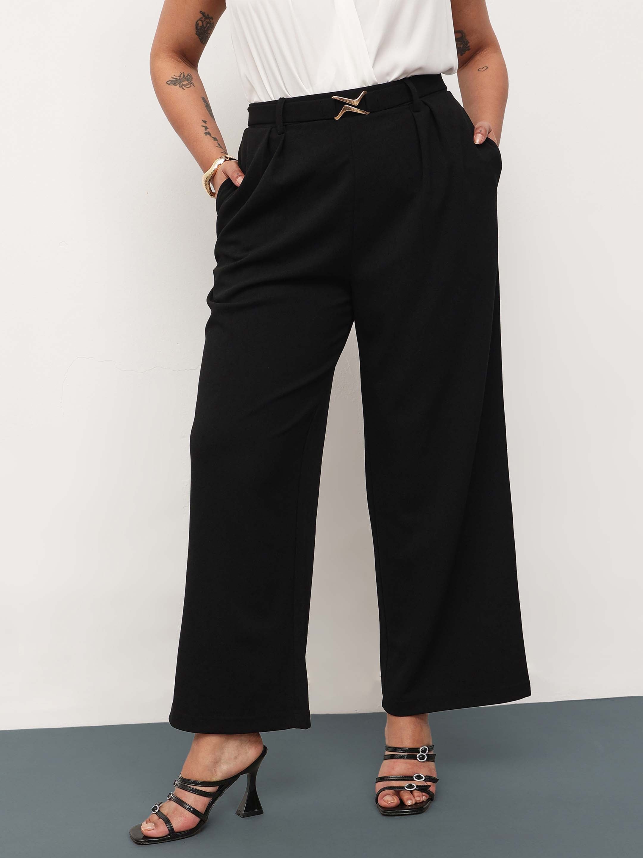 Women Black Front Metal Mock Belted Straight Pants