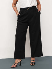 Women Black Front Metal Mock Belted Straight Pants