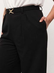 Women Black Front Metal Mock Belted Straight Pants