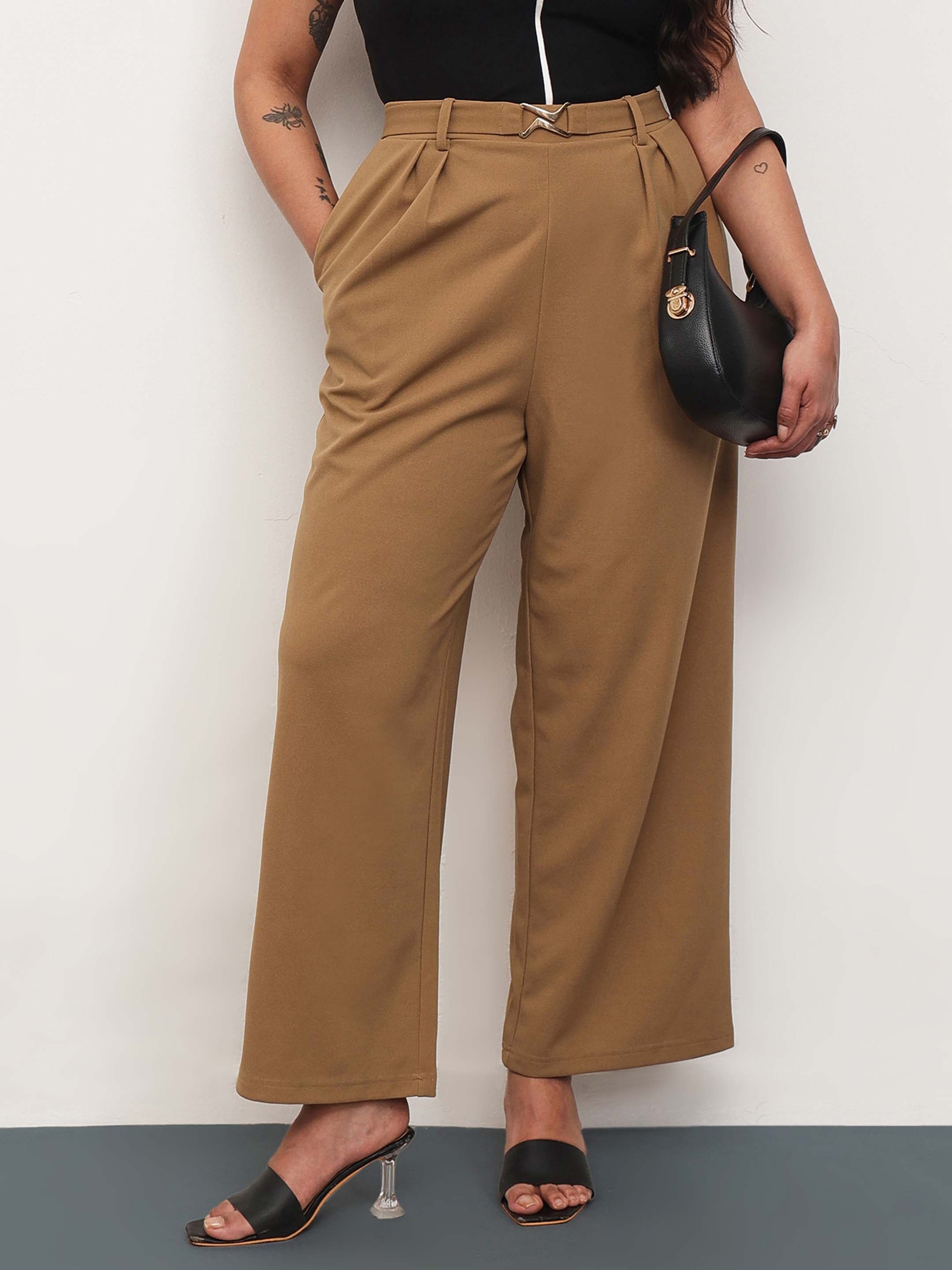 Women Beige Front Metal Mock Belted Straight Pants