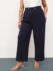 Women Navy Front Pleated Straight Pants