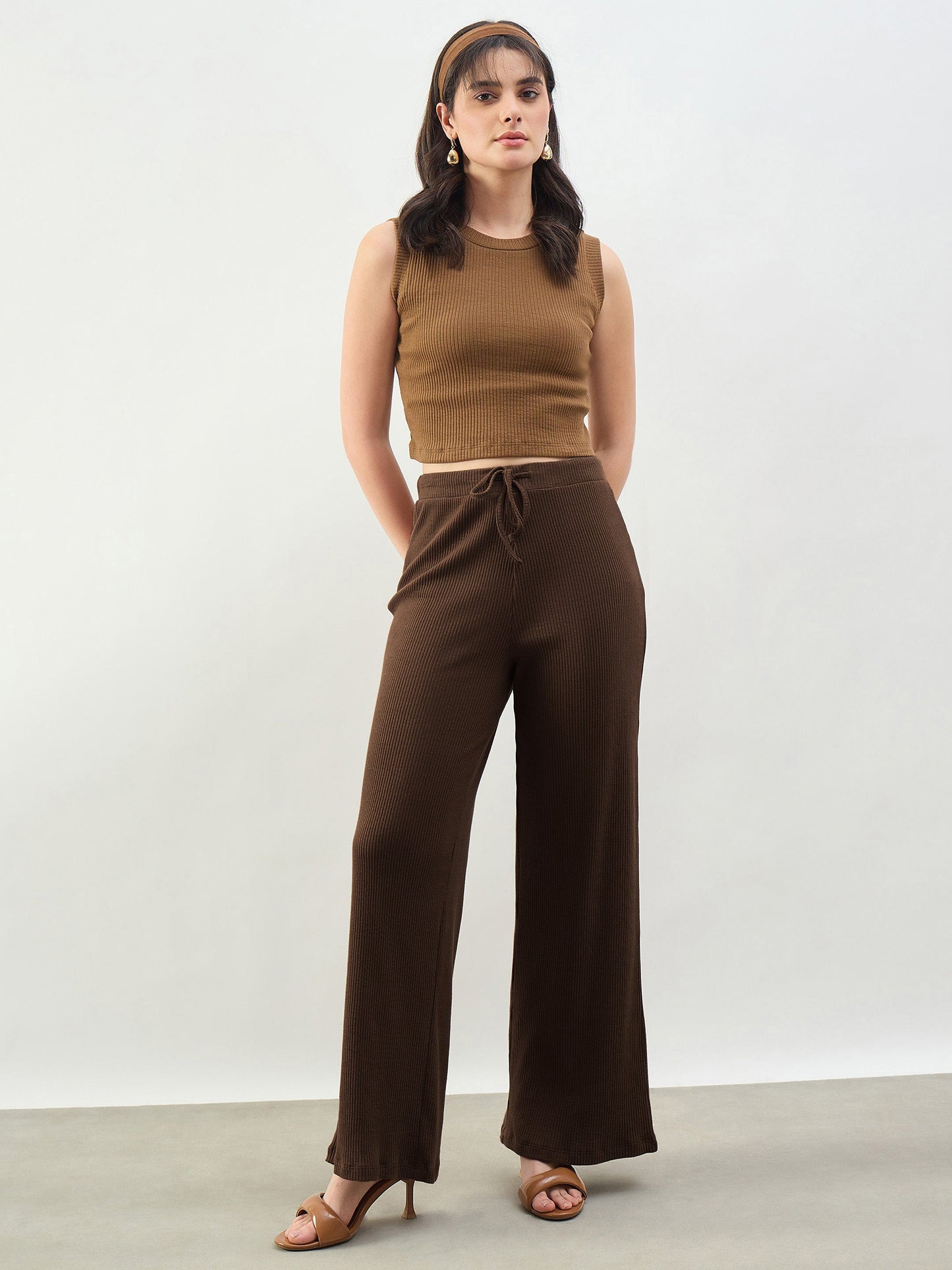 Brown Rib Drawstring Pants-SASSAFRAS BASICS