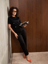 Women Black Button Down Darted Top with Pants