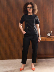 Women Black Button Down Darted Top with Pants