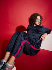 Sassafras - سويت شيرت نسائي من قماش مخملي أزرق داكن مع بنطال رياضي