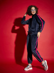 Sassafras - سويت شيرت نسائي من قماش مخملي أزرق داكن مع بنطال رياضي