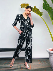 Sassafras - Women Black Satin Abstract Front Tie Top With Pants