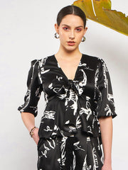 Sassafras - Women Black Satin Abstract Front Tie Top With Pants