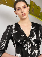 Sassafras - Women Black Satin Abstract Front Tie Top With Pants