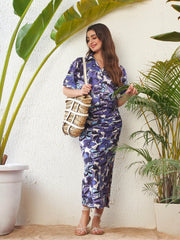 Sassafras - Women Purple Floral Crop Shirt With Side Ruched Maxi Skirt