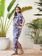 Sassafras - Women Purple Floral Crop Shirt With Side Ruched Maxi Skirt