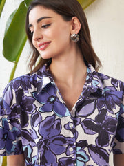 Sassafras - Women Purple Floral Crop Shirt With Side Ruched Maxi Skirt