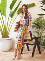 Sassafras - Women Multi Patch Crop Shirt With Side Ruched Maxi Skirt