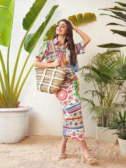 Sassafras - Women Multi Patch Crop Shirt With Side Ruched Maxi Skirt