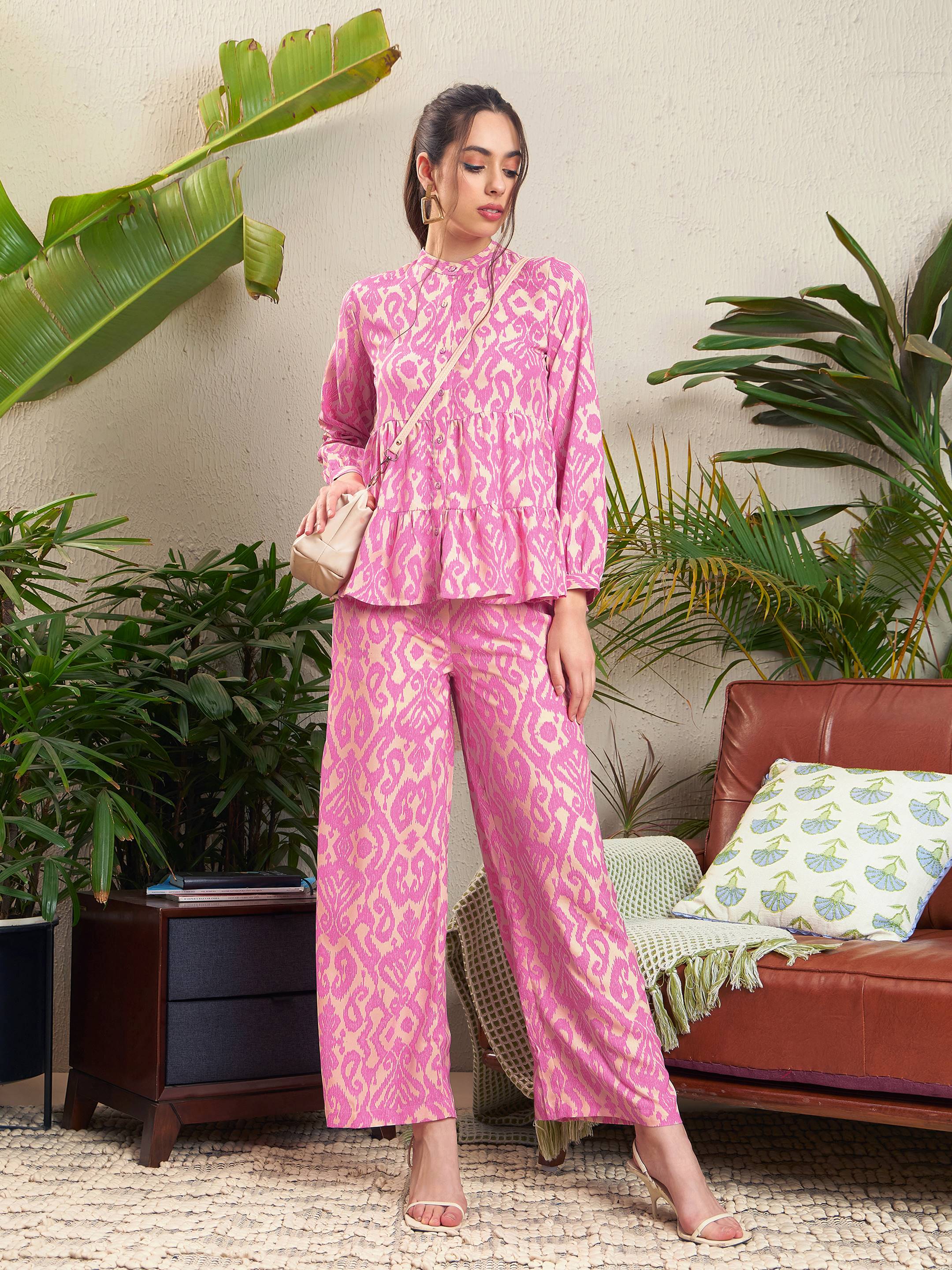 women pink ikat tiered shirt with palazzo pants sfsets95860