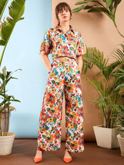 Sassafras - Women Orange Floral Crop Shirt With Pants