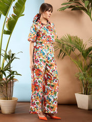 Sassafras - Women Orange Floral Crop Shirt With Pants