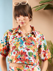 Sassafras - Women Orange Floral Crop Shirt With Pants