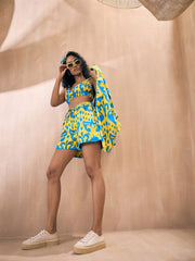 Sassafras - Women Yellow & Blue Ikat Shorts with Bustier and Shrug